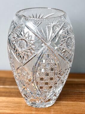 Vintage Hand Cut Crystal Vase, American Brilliant Hobstar Fan Pattern